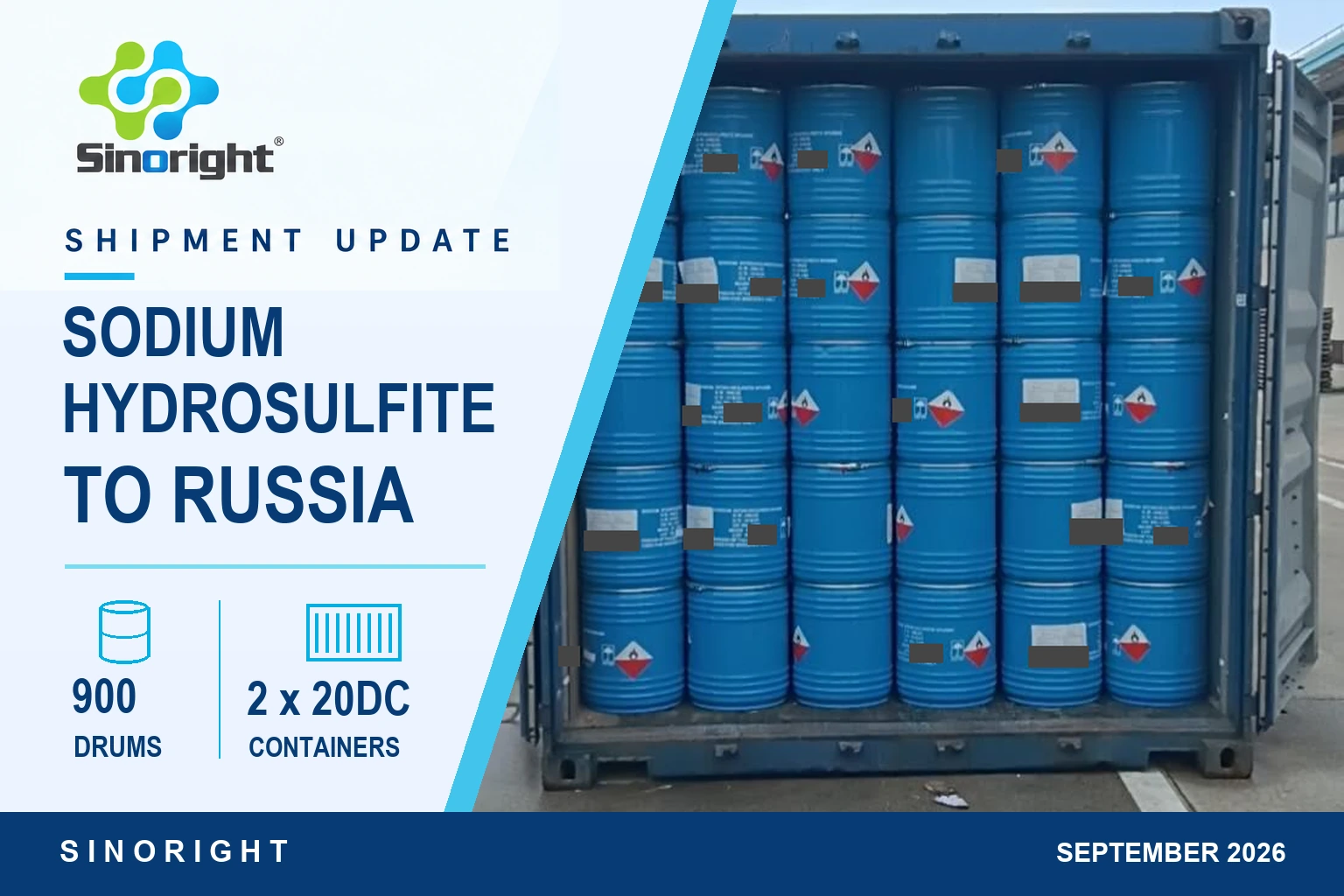 Sodium Hydrosulfite Shipped to Russia in 900 Drums with 48.6 MT Gross Weight