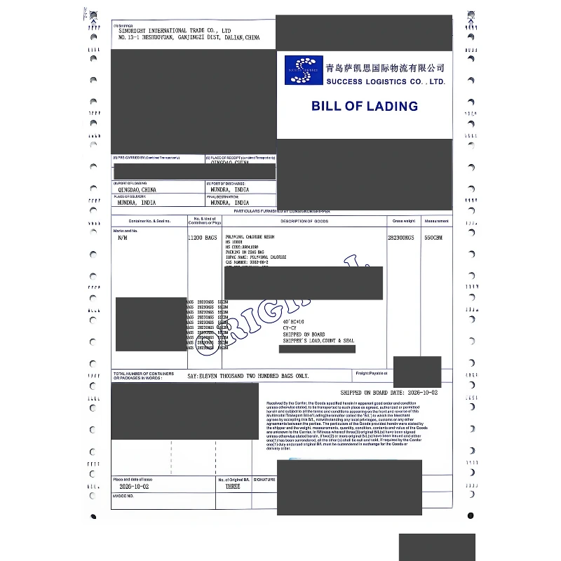 Redacted bill of lading covering 10 containers from the October 2026 PVC resin shipment to India. Redacted bill of lading covering 10 containers from the October 2026 PVC resin shipment to India.